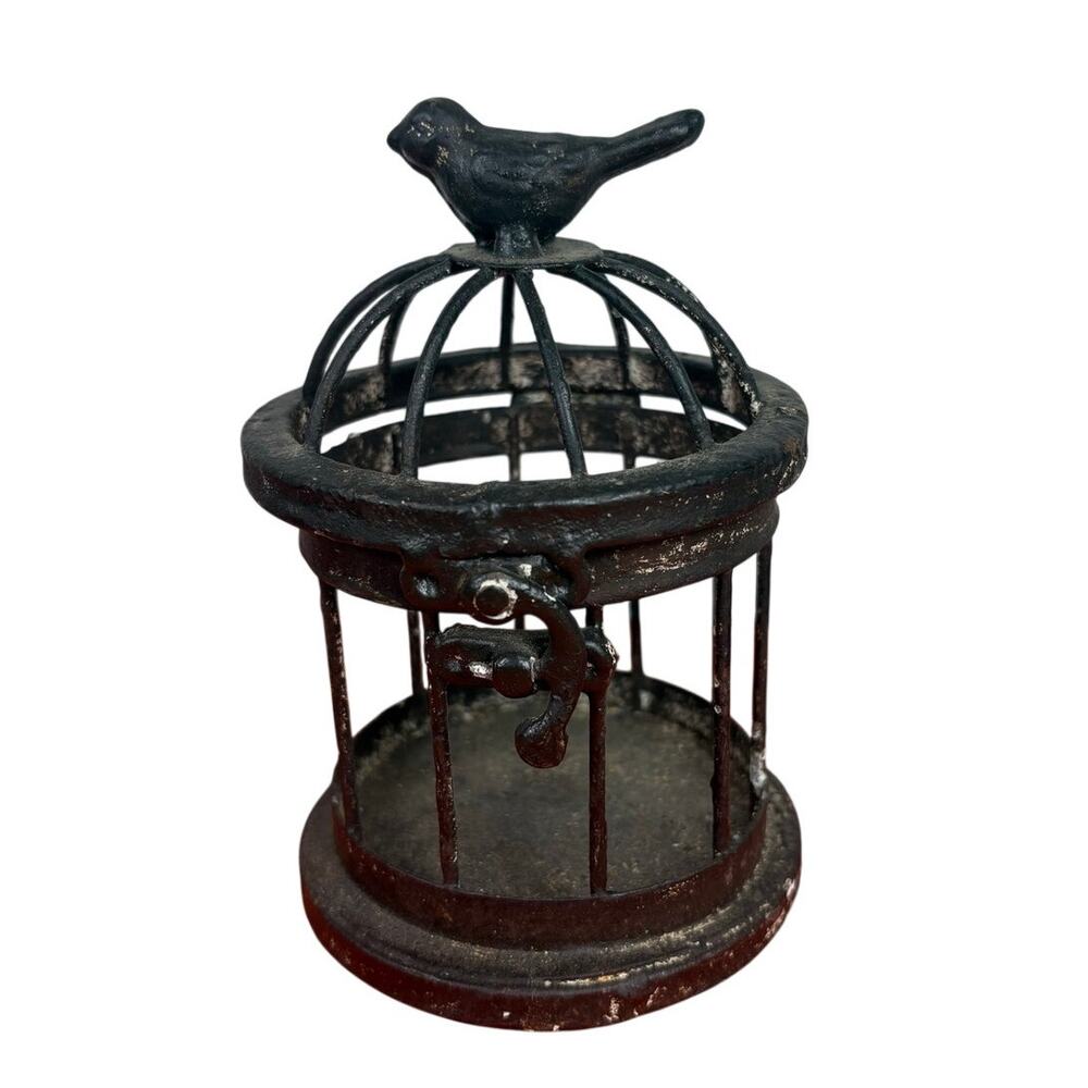 Vtg black distressed Mini metal birdcage- with lid- table top decor  5.5" tall